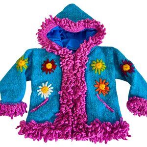 Norsk Kids Girls Sweater Jacket Full Zip Hooded Pockets Wool Flowers Size 2T